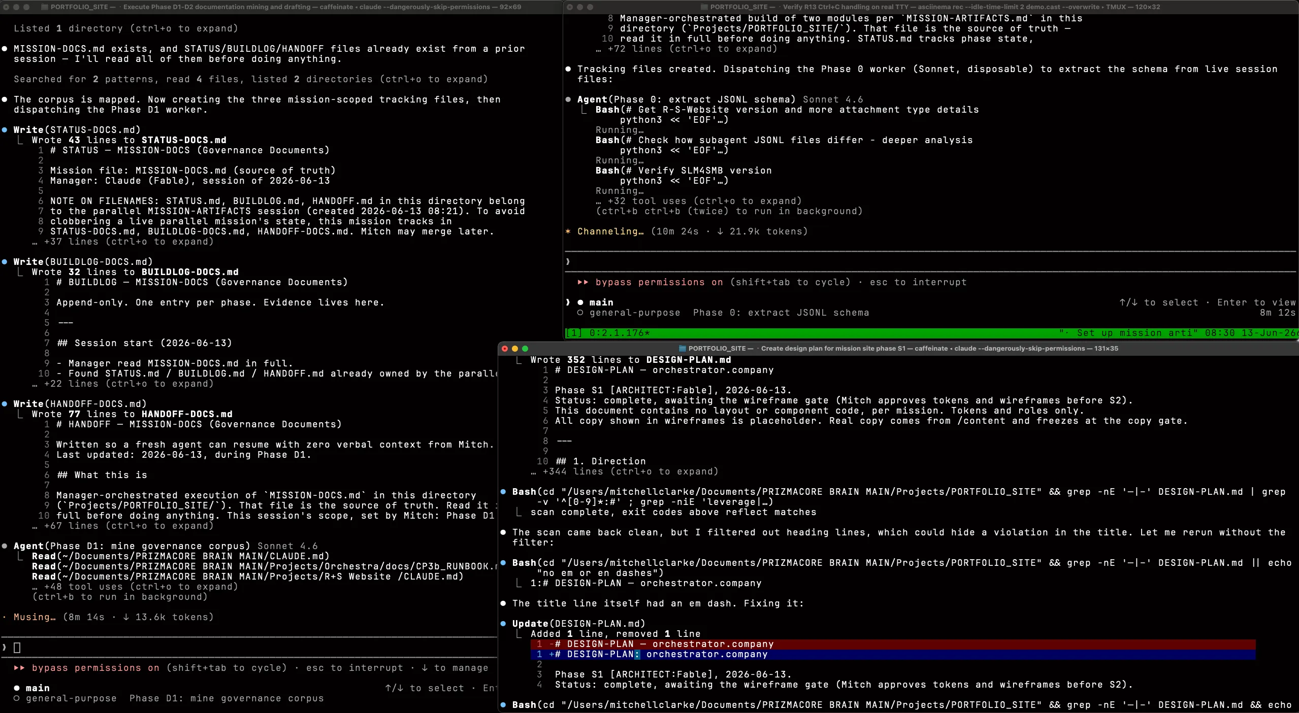 Three Claude Code terminals running in parallel under one workflow