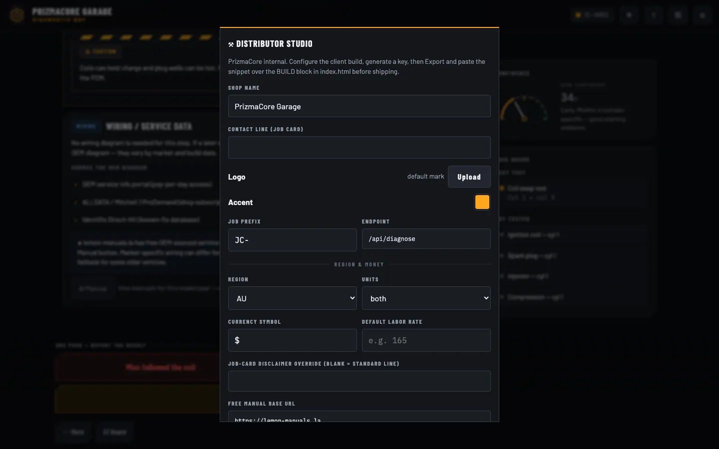 The hidden Distributor Studio: shop name, contact line, logo, accent colour, job prefix, endpoint, region, units, currency and default labour-rate fields PrizmaCore sets before exporting a shop's build.