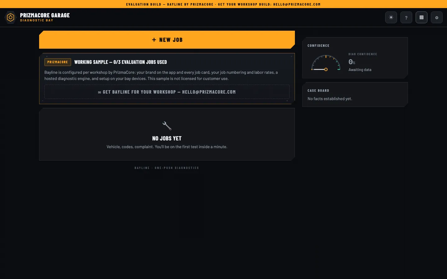 The unlicensed eval build: an "evaluation build" watermark banner, a "0/3 evaluation jobs used" card, and the empty jobs list before any job is started.