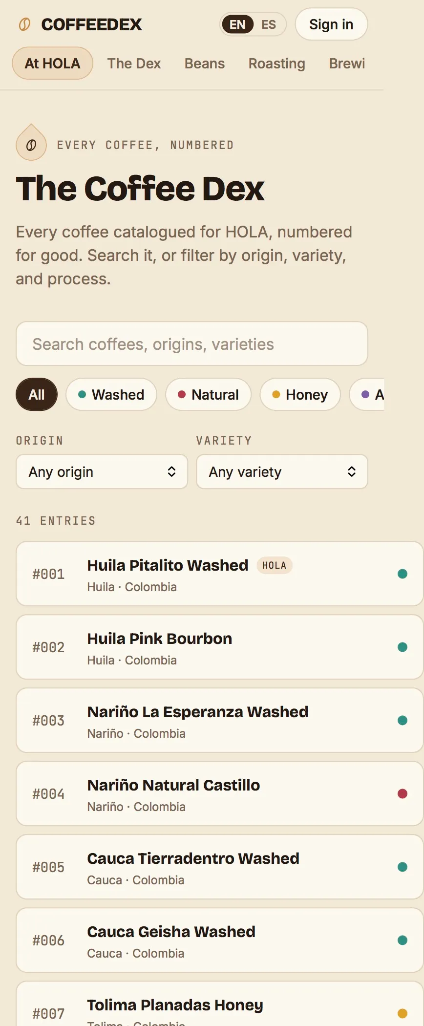 The dex: 41 numbered entries, searchable and filterable by origin, variety and process