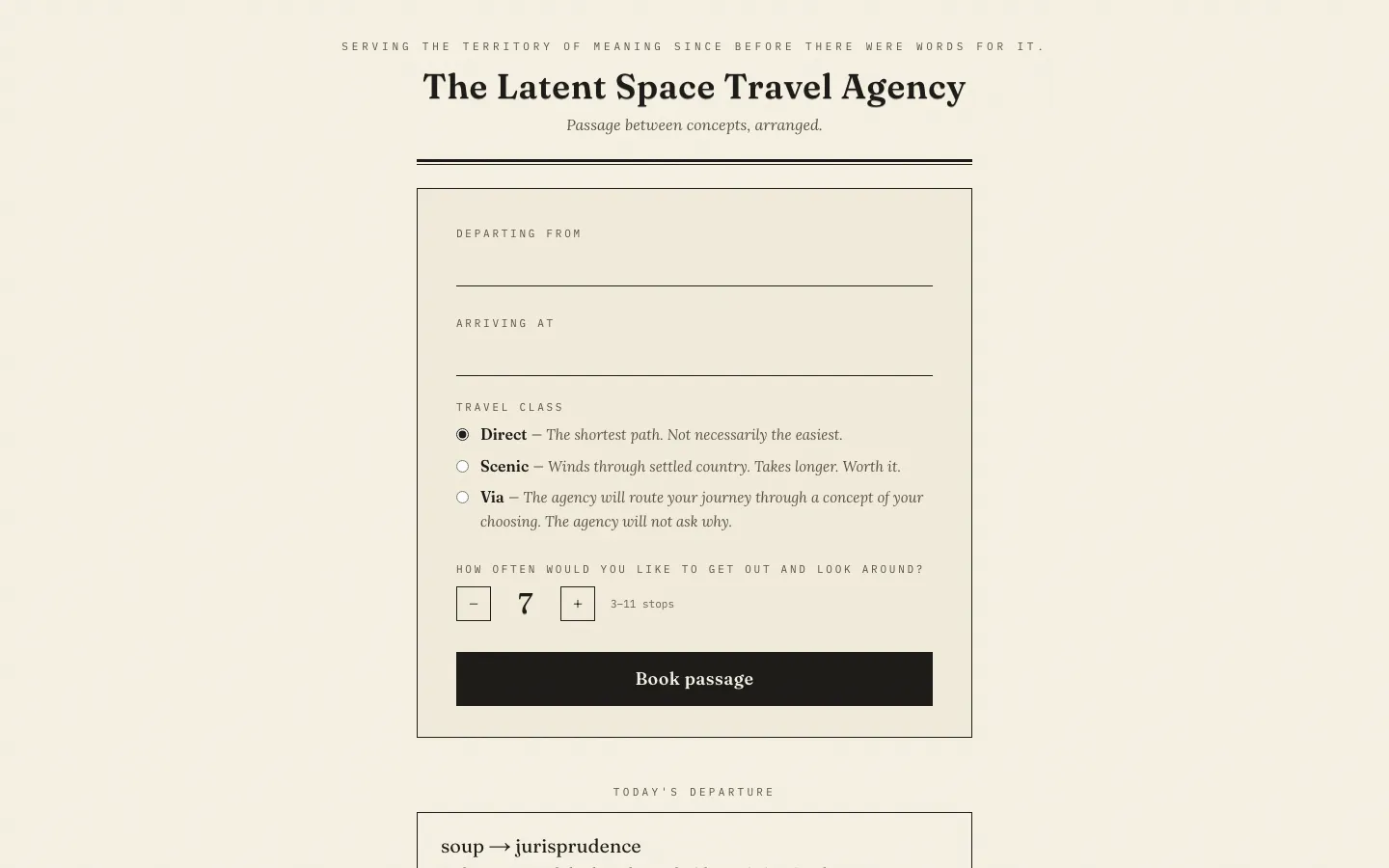 The booking desk: fields for departing from and arriving at, three travel classes named Direct, Scenic and Via, and a stop counter set to seven.