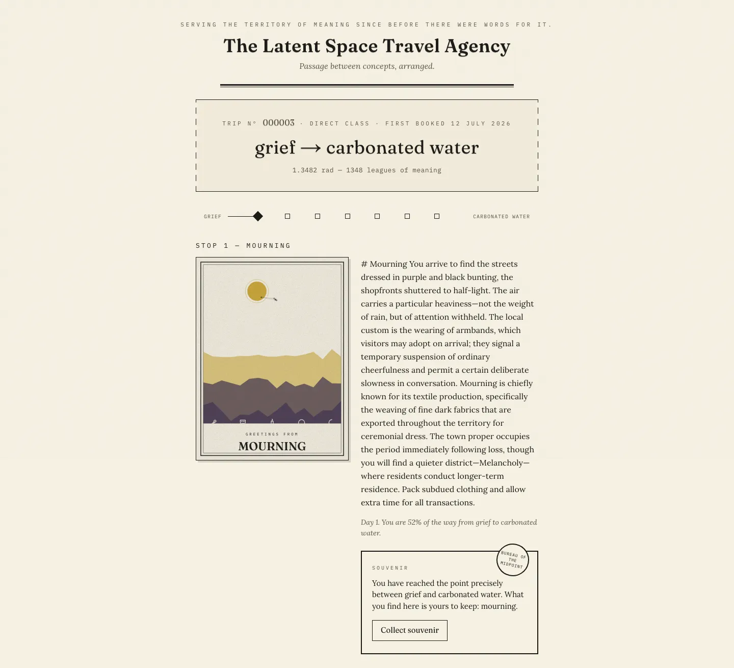 The trip page for grief to carbonated water: a dashed ticket header reading trip number 000003, direct class, the route strip of seven stops, and the first stop Mourning with its postcard, its brochure prose, and a souvenir certificate.