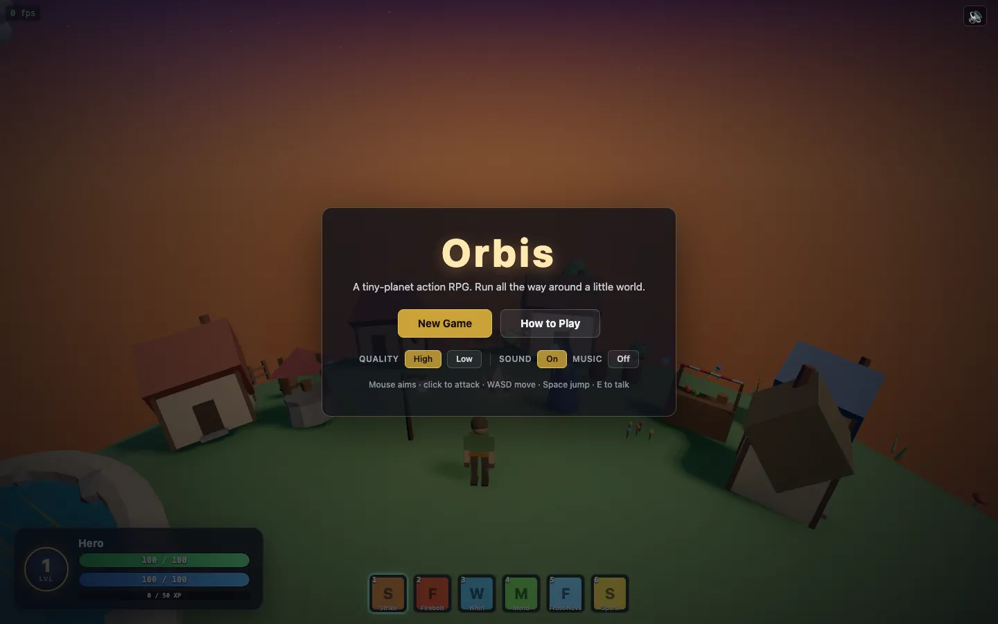 The ORBIS title screen: New Game and How to Play, quality, sound and music toggles, and the control legend, layered over the walkable planet behind it.