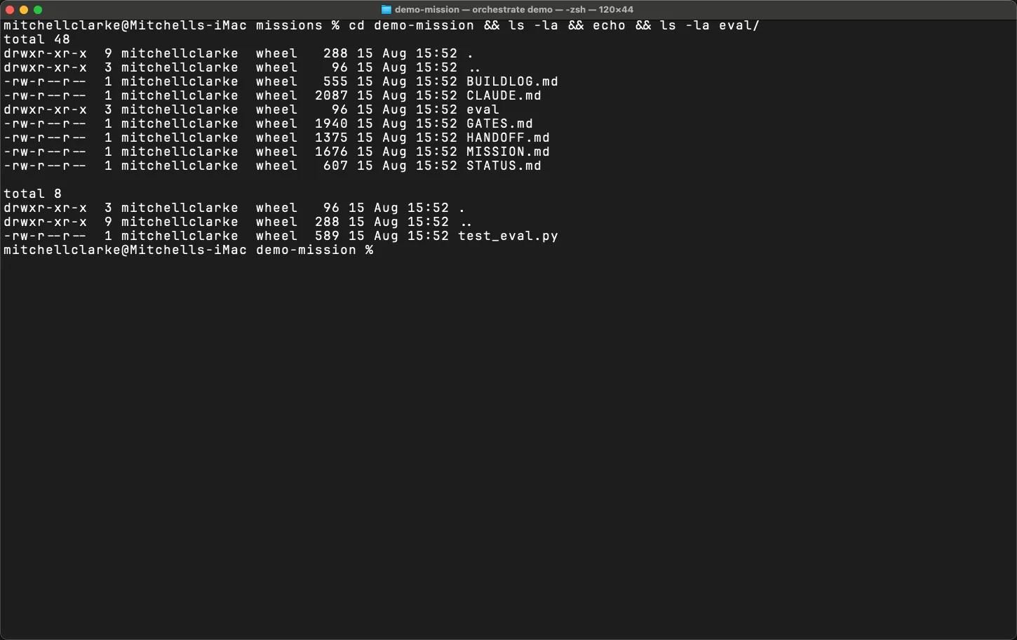 orchestrate's seven generated mission files, real sizes and timestamps from one init run