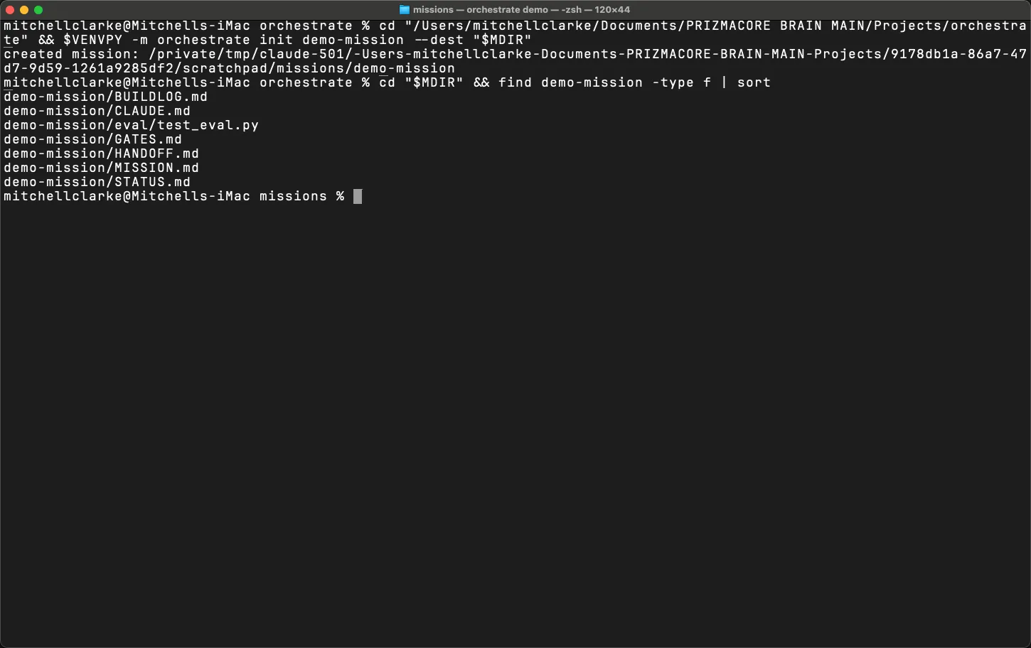 orchestrate init demo-mission: one real command, seven files created