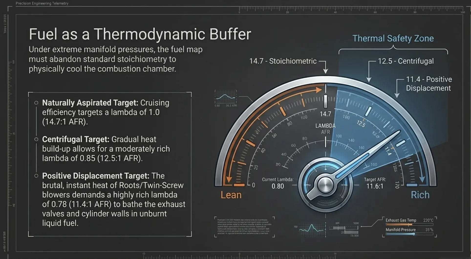 Premium teaching slide: fuel as a thermodynamic buffer, with lambda targets across induction types