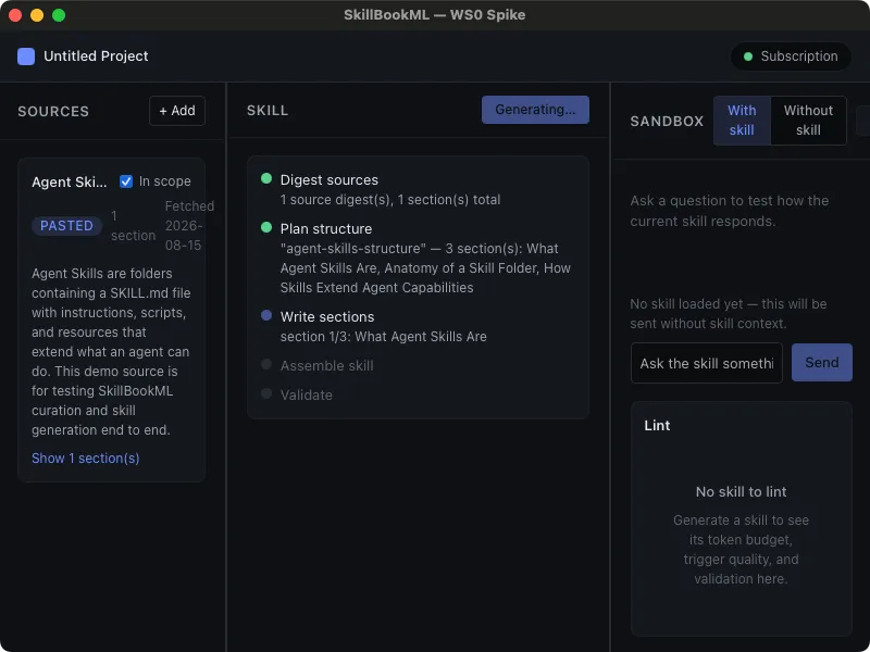 The generation pipeline mid run through the sidecar: Digest sources and Plan structure complete, showing the planned agent-skills-structure sections, and Write sections in progress on the first of three.