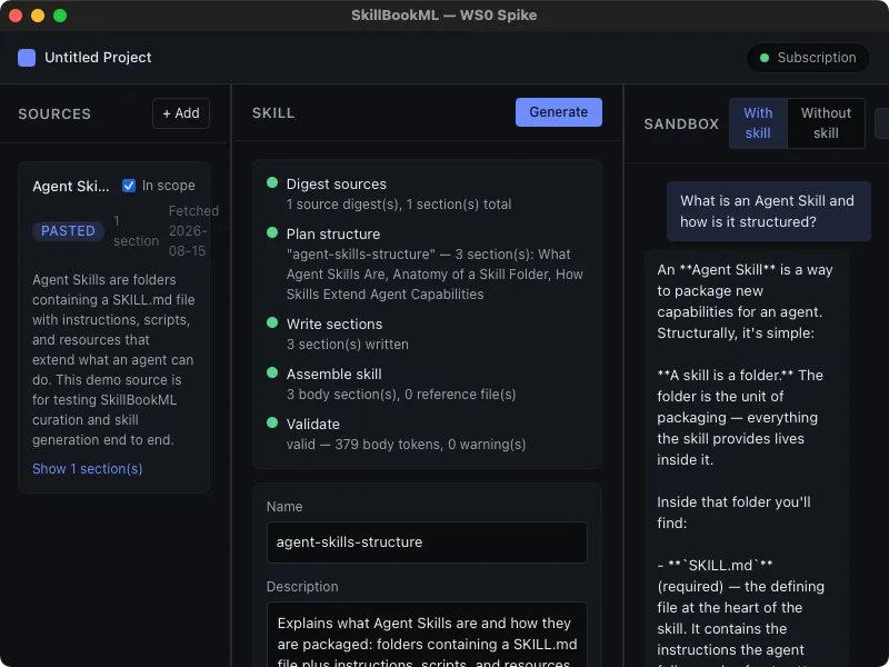 A real sandbox test of the generated agent-skills-structure skill: the question "What is an Agent Skill and how is it structured?" answered live, explaining that a skill is a folder built around a required SKILL.md file.